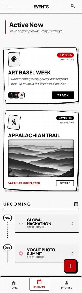 Funkshun app: active multi-day journeys and upcoming timeline