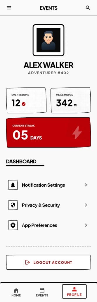 Funkshun app: profile with stats and dashboard