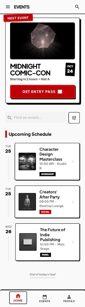 Mobile app preview: next event and daily schedule